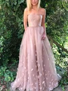 A-line Strapless Tulle Sweep Train Flower(s) Prom Dresses #UKM020105270
