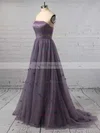 A-line Strapless Tulle Sweep Train Flower(s) Prom Dresses #UKM020105270