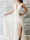 A-line V-neck Chiffon Floor-length Ruffles Prom Dresses #UKM020105273