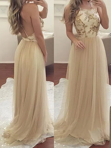 A-line Scoop Neck Tulle Prom Dresses With Appliques #UKM020105275