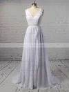 A-line V-neck Chiffon Sweep Train Sashes / Ribbons Prom Dresses #UKM020105276