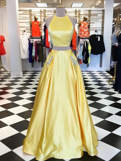 Princess Scoop Neck Satin Floor-length Beading Prom Dresses #UKM020105278