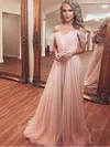 A-line V-neck Chiffon Sweep Train Appliques Lace Prom Dresses #UKM020105279