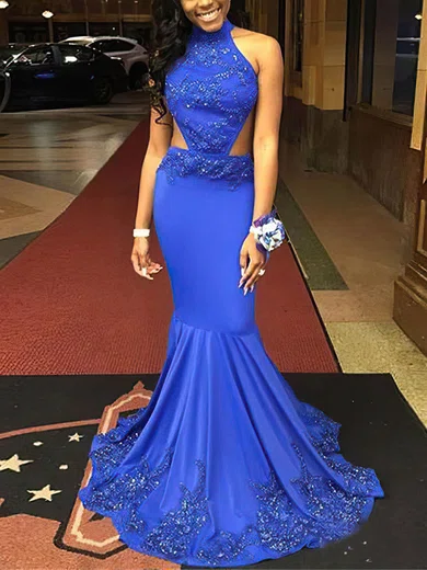 Trumpet Mermaid High Neck Jersey Sweep Train Beading Prom Dresses