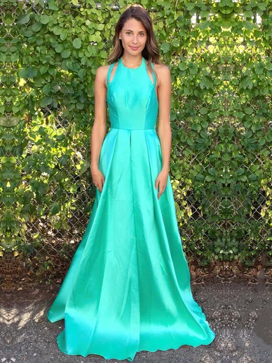 A-line Scoop Neck Satin Floor-length Split Front Prom Dresses #UKM020105293
