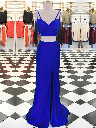 Sheath/Column V-neck Jersey Two Piece Prom Dresses With Split #UKM020105317