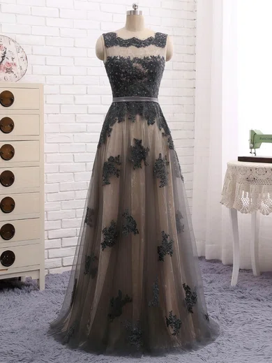 Ball Gown Illusion Backless Lace Tulle Prom Dresses With Appliques #UKM020105329