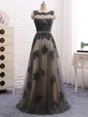 A-line Scalloped Neck Lace Tulle Floor-length Appliques Lace Prom Dresses #UKM020105329