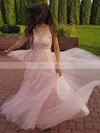 A-line V-neck Tulle Sweep Train Appliques Lace Prom Dresses #UKM020105330