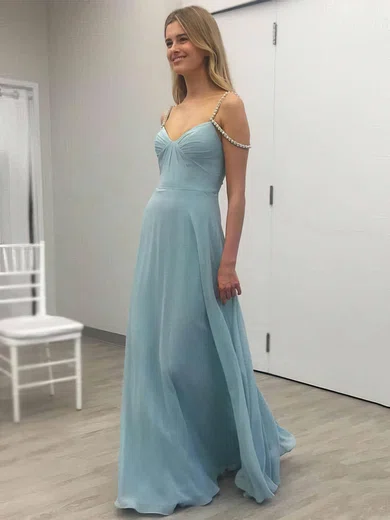 A-line V-neck Chiffon Floor-length Beading Prom Dresses #UKM020105331