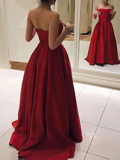 Burgundy Ball Gown Strapless Satin Prom Dresses #UKM020105348