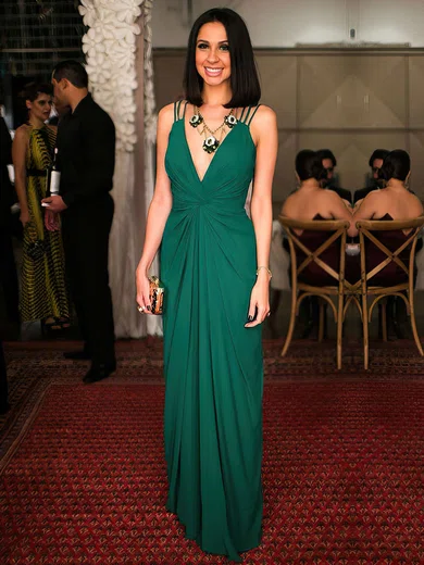 Sheath/Column V-neck Chiffon Floor-length Ruffles Prom Dresses #UKM020105350