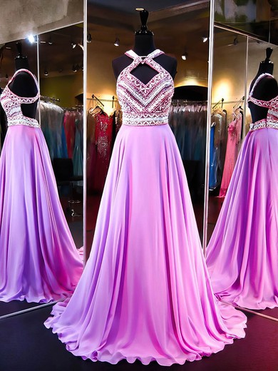 Princess V-neck Chiffon Sweep Train Beading Prom Dresses #UKM020105352