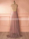 A-line V-neck Tulle Sweep Train Prom Dresses #UKM020105357