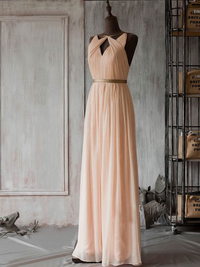 A-line V-neck Chiffon Floor-length Sashes / Ribbons Prom Dresses #UKM020105358