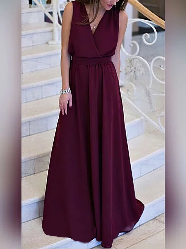 A-line V-neck Chiffon Sweep Train Sashes / Ribbons Prom Dresses #UKM020105360