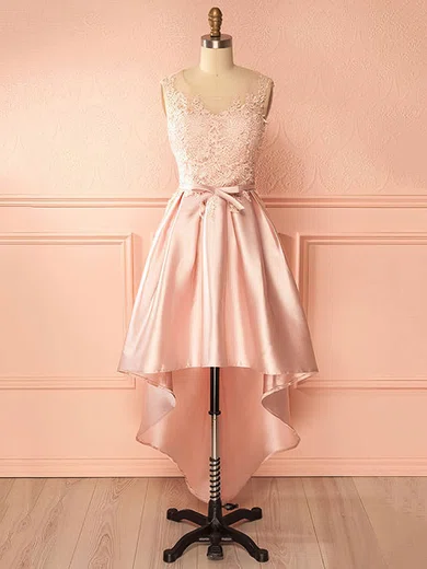 Ball Gown Illusion Satin Prom Dresses With Appliques #UKM020105375