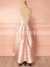 A-line Scoop Neck Satin Asymmetrical Appliques Lace Prom Dresses #UKM020105375