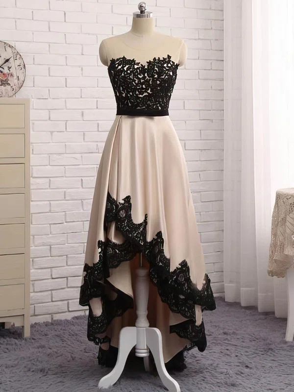 A-line Scoop Neck Satin Asymmetrical Appliques Lace Prom Dresses #UKM020105377