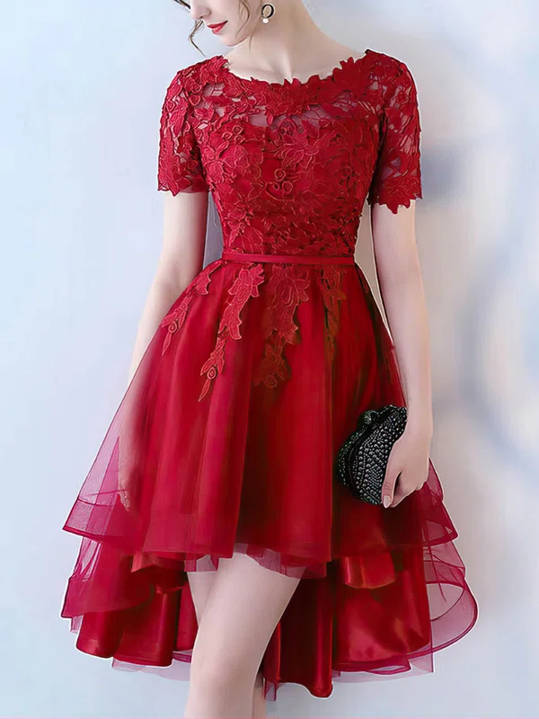 Tulle Scoop Neck A-line Asymmetrical Appliques Lace Prom Dresses #UKM020105383