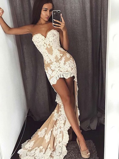 Sheath/Column Sweetheart Tulle Asymmetrical Appliques Lace Prom Dresses #UKM020105384