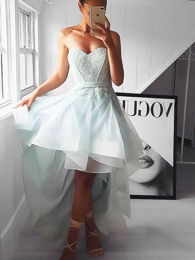 A-line Sweetheart Organza Asymmetrical Appliques Lace Prom Dresses #UKM020105392