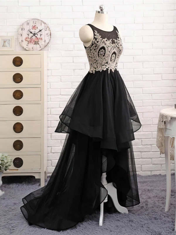A-line Scoop Neck Organza Tulle Asymmetrical Beading Prom Dresses #UKM020105395