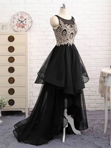 Black Ball Gown Illusion Tulle Prom Dresses With Appliques #UKM020105395