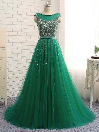 Ball Gown Scoop Neck Tulle Sweep Train Beading Prom Dresses #UKM020105410