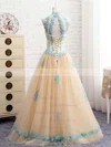 Ball Gown High Neck Tulle Floor-length Beading Prom Dresses #UKM020105411