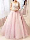 Ball Gown Scoop Neck Tulle Floor-length Appliques Lace Prom Dresses #UKM020105413