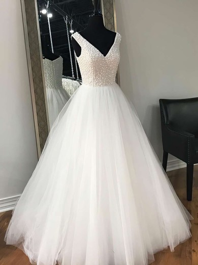 Ball Gown V-neck Tulle Floor-length Crystal Detailing Prom Dresses #UKM020105414