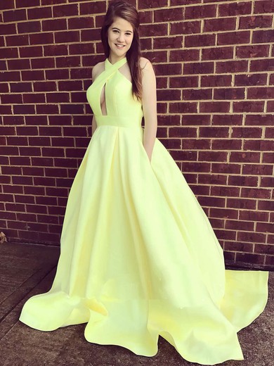Ball Gown V-neck Satin Sweep Train Pockets Prom Dresses #UKM020105419
