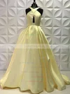 Ball Gown V-neck Satin Sweep Train Pockets Prom Dresses #UKM020105419