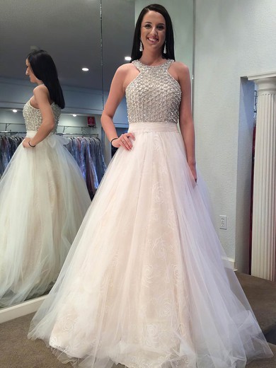 Ball Gown Scoop Neck Lace Tulle Floor-length Beading Prom Dresses #UKM020105429