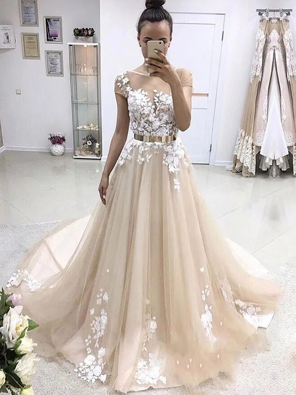Ball Gown Scoop Neck Tulle Sweep Train Appliques Lace Prom Dresses #UKM020105431