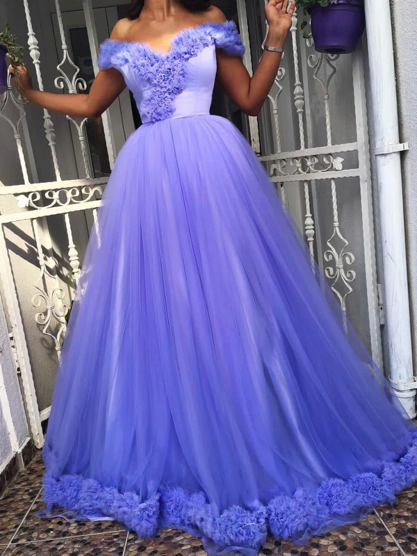 Tulle Off-the-shoulder Ball Gown Floor-length Ruffles Prom Dresses #UKM020105433