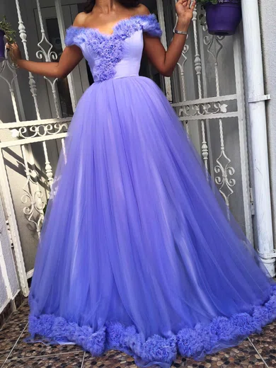 Tulle Off-the-shoulder Ball Gown Floor-length Ruffles Prom Dresses #UKM020105433