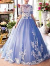 Tulle High Neck Ball Gown Sweep Train Appliques Lace Prom Dresses #UKM020105436