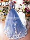 Tulle High Neck Ball Gown Sweep Train Appliques Lace Prom Dresses #UKM020105436