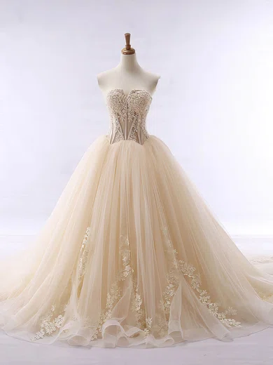 Ball Gown Strapless Tulle Corset Prom Dresses With Appliques #UKM020105438