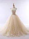 Tulle Strapless Ball Gown Court Train Appliques Lace Prom Dresses #UKM020105438