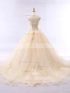Tulle Strapless Ball Gown Court Train Appliques Lace Prom Dresses #UKM020105438
