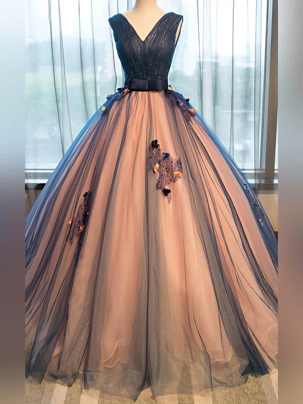 Tulle V-neck Ball Gown Floor-length Beading Prom Dresses #UKM020105448