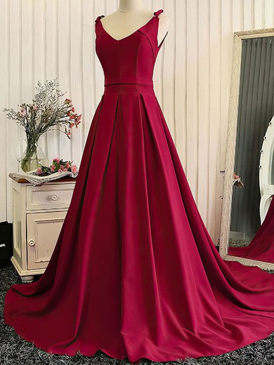 Ball Gown V-neck Silk-like Satin Sweep Train Sashes / Ribbons Prom Dresses #UKM020105449