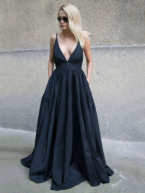 Ball Gown/Princess Floor-length V-neck Satin Pockets Prom Dresses #UKM020105455