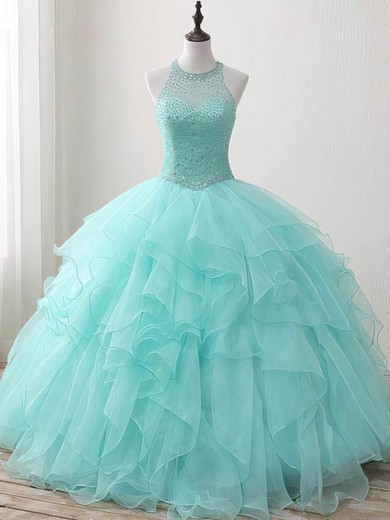 Organza Tulle Scoop Neck Ball Gown Floor-length Beading Prom Dresses #UKM020105457