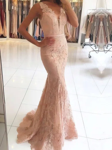 Mermaid V-neck Lace Tulle Prom Dresses With Appliques #UKM020105460