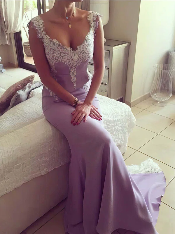 Trumpet/Mermaid V-neck Silk-like Satin Sweep Train Appliques Lace Prom Dresses #UKM020105490