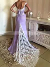 Trumpet/Mermaid V-neck Silk-like Satin Sweep Train Appliques Lace Prom Dresses #UKM020105490